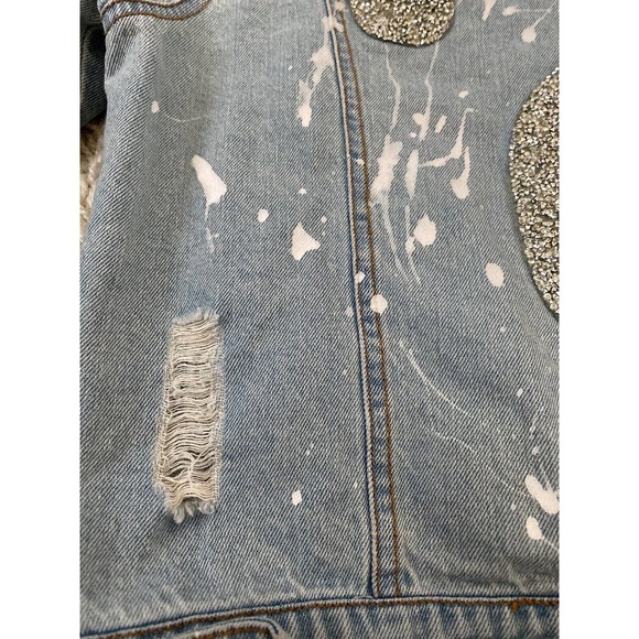 Ross Disera Denim Blue Distressed Jean Jacket DIY Glitter Question Upcycle M - Picture 5 of 7